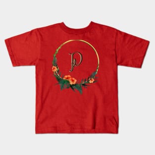 Circular frame with tropical flowers and girl figure on Letter P Kids T-Shirt